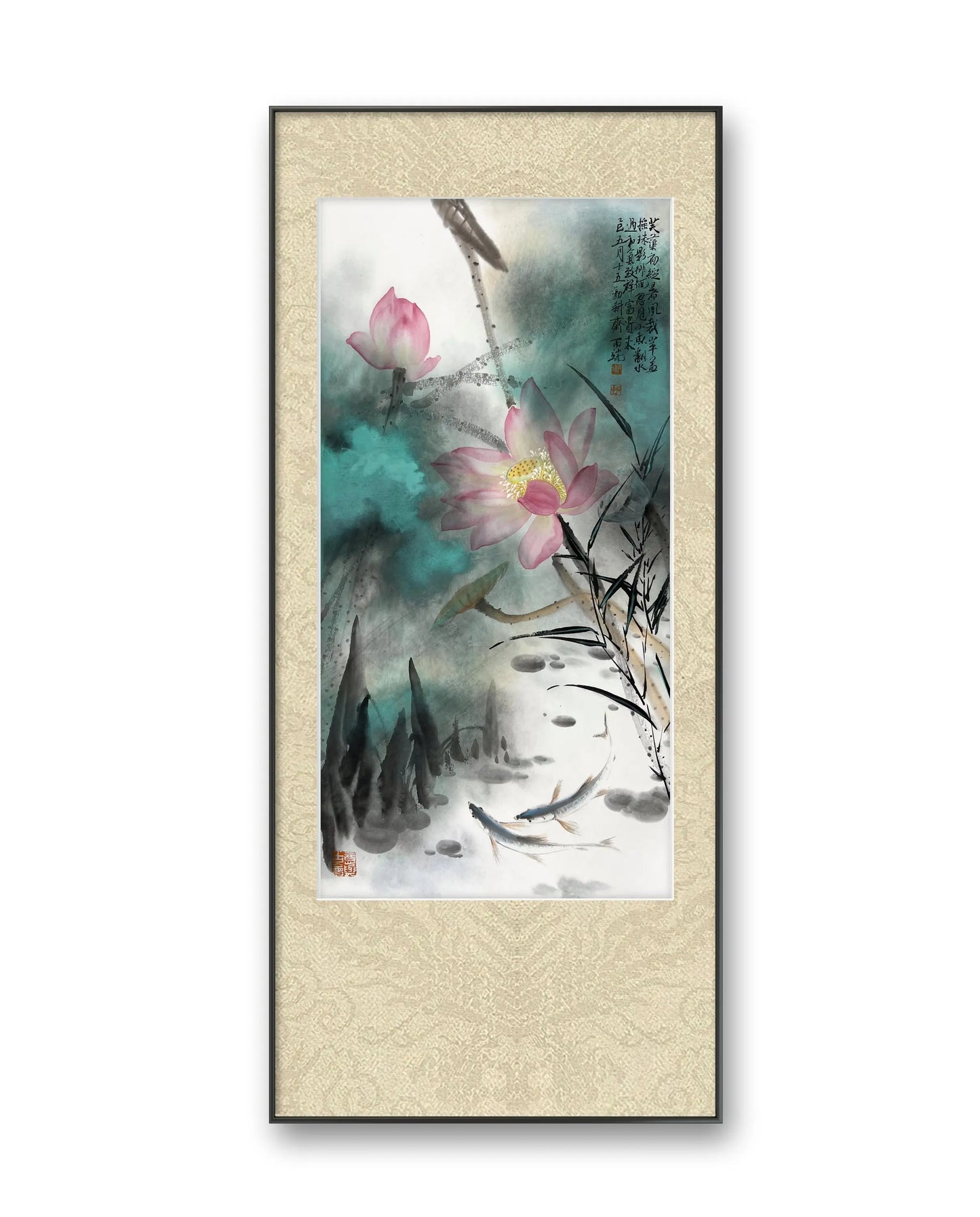 Home Art Traditional Chinese Ink Art Wall Art - Splash Color Lotus & Fish (69x35cm)