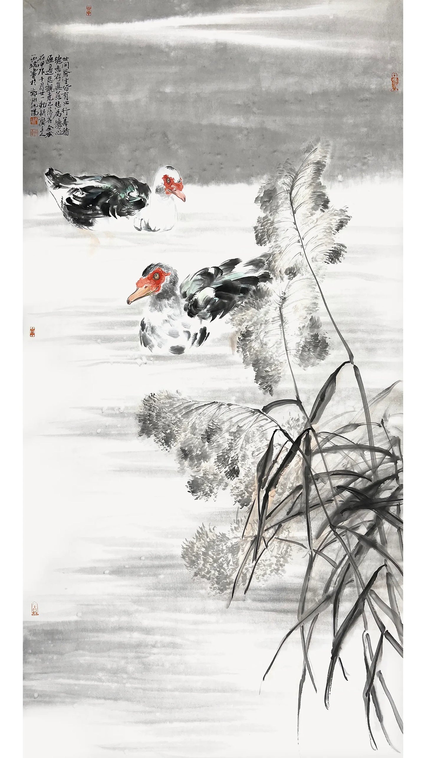 Chinese Ink Painting Wall Art Home Decor - Ducks in the Reeds- Original Art (100x50cm)