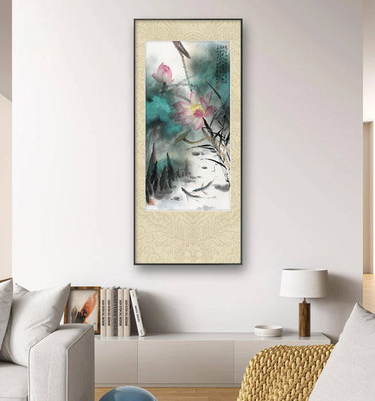 Home Art Traditional Chinese Ink Art Wall Art - Splash Color Lotus & Fish (69x35cm)