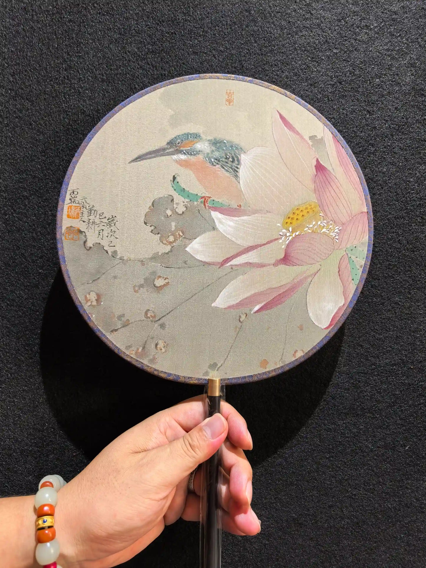 Round Silk Fan Chinese Painting Home Decor -Kingfisher and Lotus- Original Art (24cm)