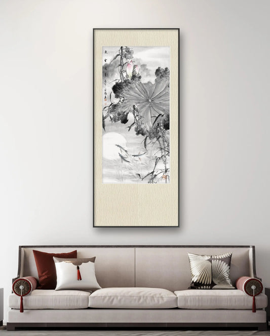 Traditional Chinese Ink Painting Wall Art - Lotus Home Art for Prosperity (69x35cm)