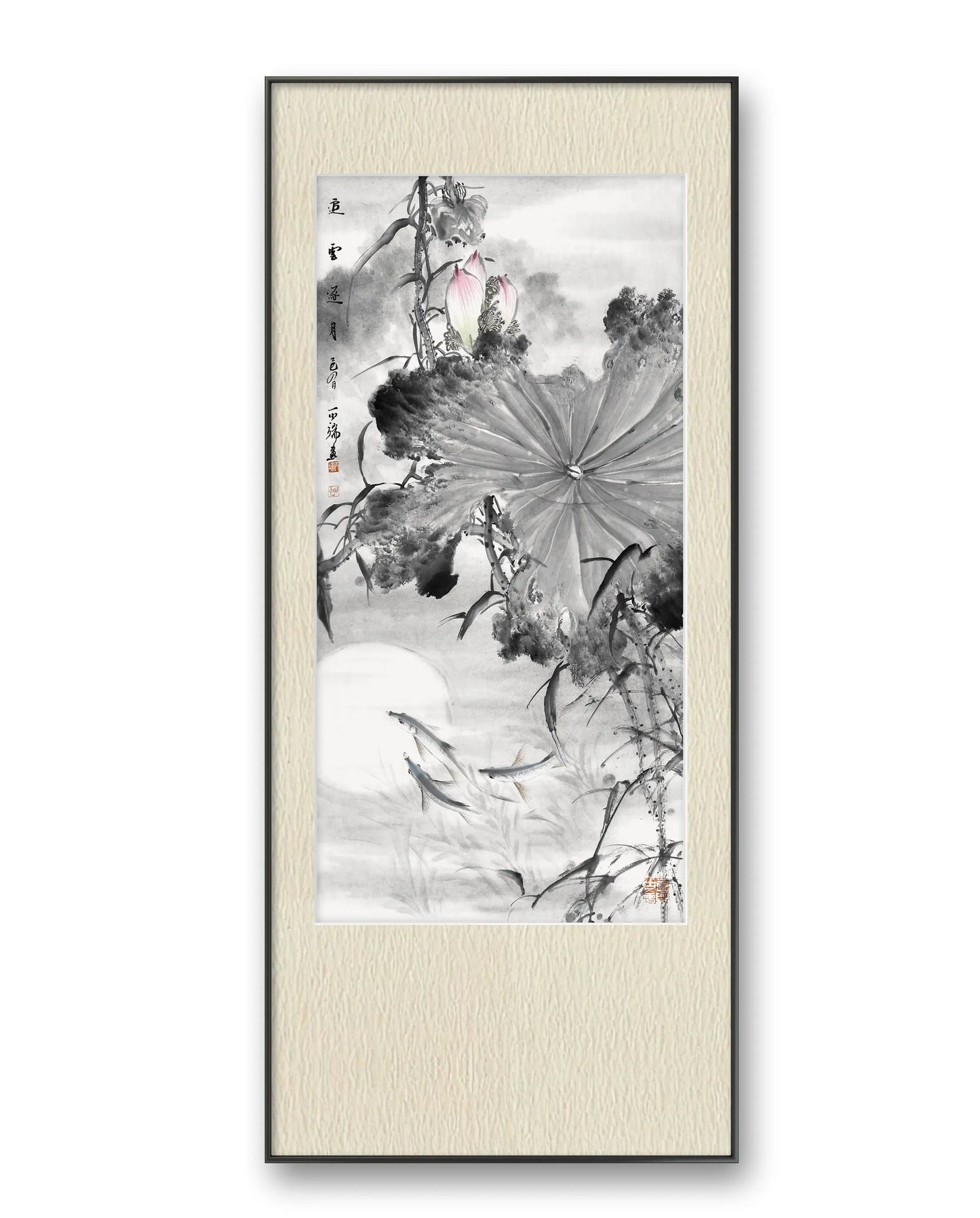 Traditional Chinese Ink Painting Wall Art - Lotus Home Art for Prosperity (69x35cm)