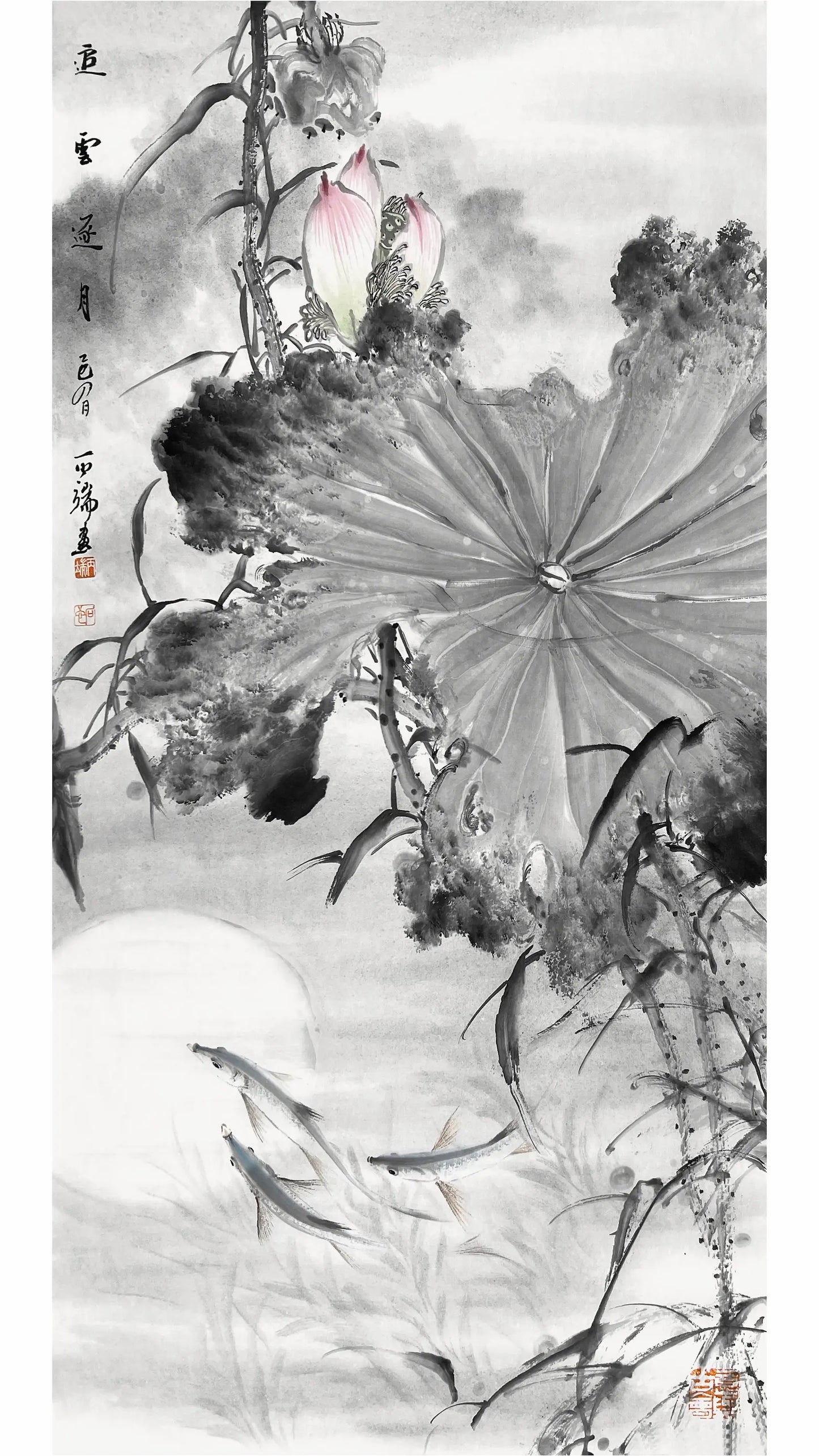 Traditional Chinese Ink Painting Wall Art - Lotus Home Art for Prosperity (69x35cm)