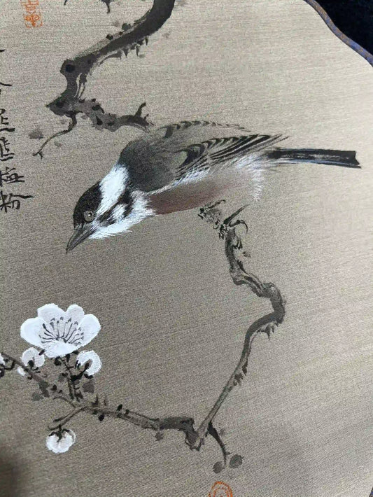 Silk Fan Home Decor Chinese Painting- Bird and Plum Blossom- Home Art (24cm)