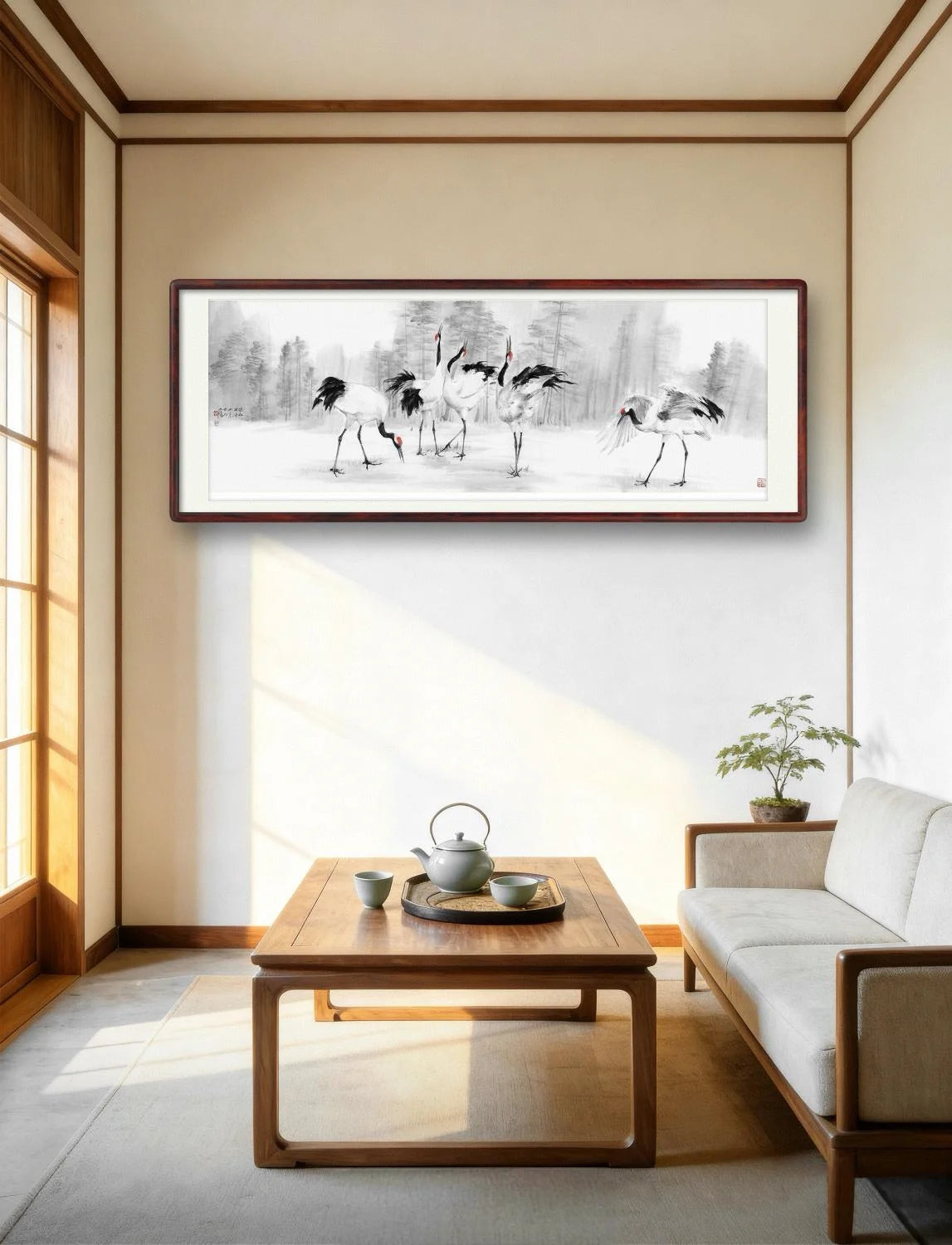 Traditional Chinese Art Giclée Print – Dancing Cranes | Chinese Ink Painting, Wall Art, Calligraphy, 120×40cm
