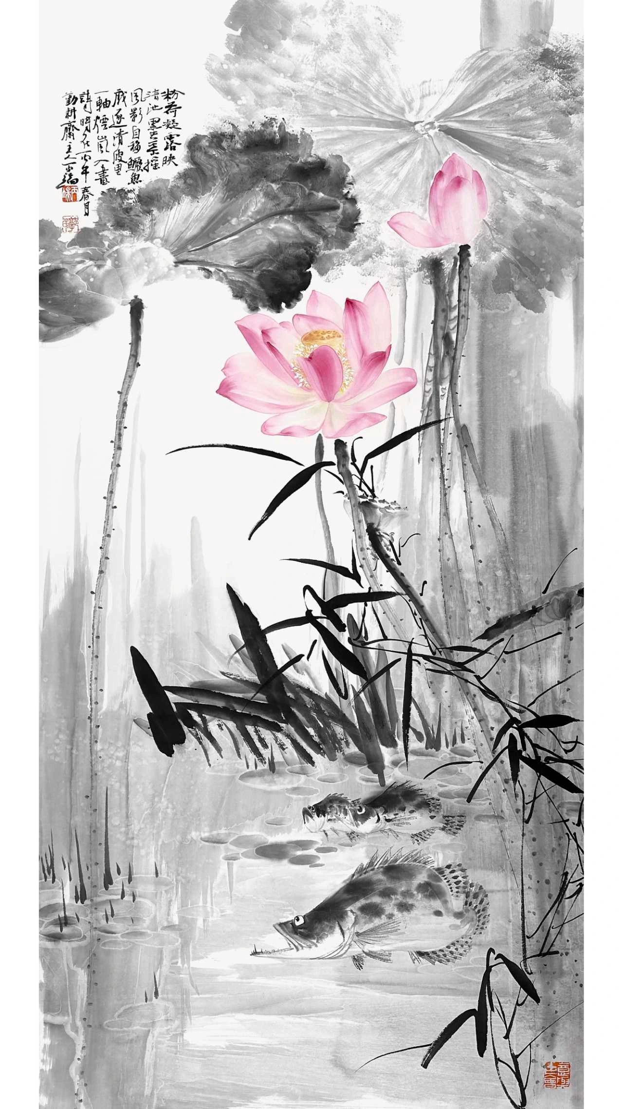 Traditional Chinese Painting Home Decor Wall Decor- Lotus and fish - Original Art Ink Painting (100x50cm)