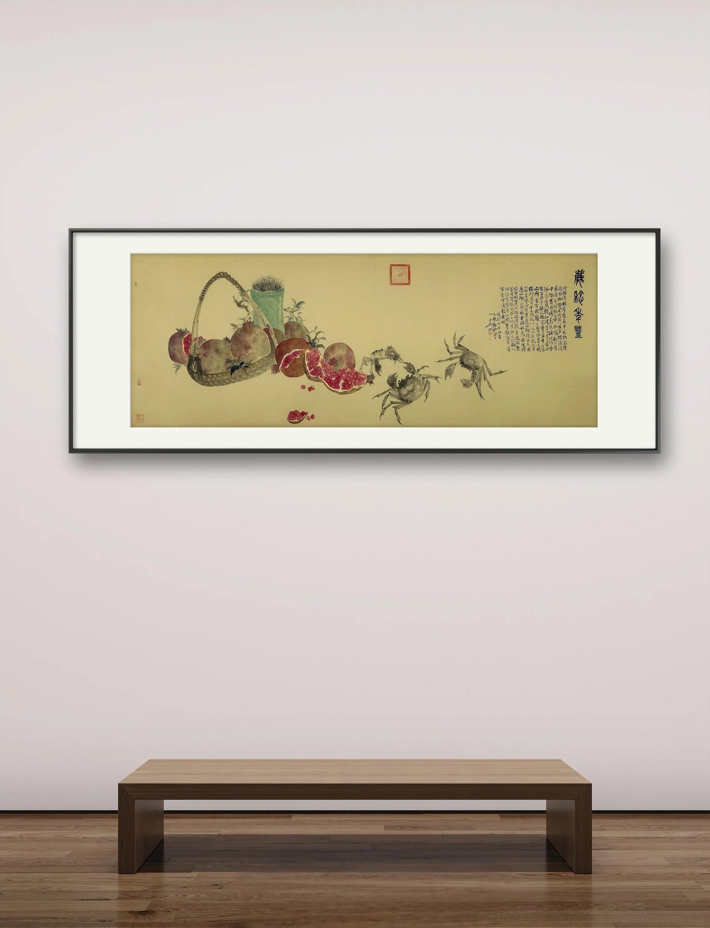 Traditional Chinese Gongbi Painting Print on Antique Silk – Pomegranate and Crabs 136×50cm