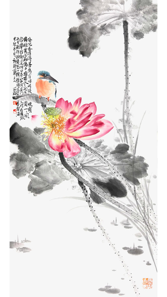 Traditional Chinese Painting Home Decor Wall Decor- Lotus and Kingfisher - Original Art Ink Painting (69x35cm)