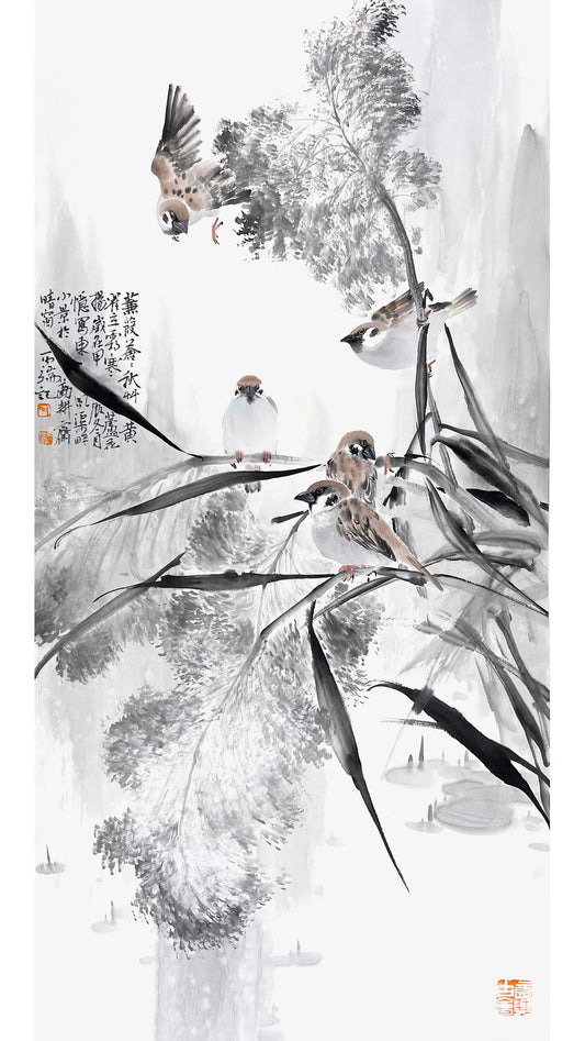 Chinese Painting Home Decor Wall Art- Sparrow and Reeds- Joy and Harmony (69x35cm)