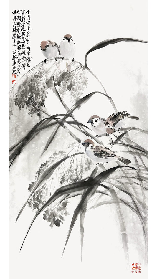 Chinese Ink Painting Sparrows and Reeds - Joy and Harmony- Home Art Wall Art (69x35cm)