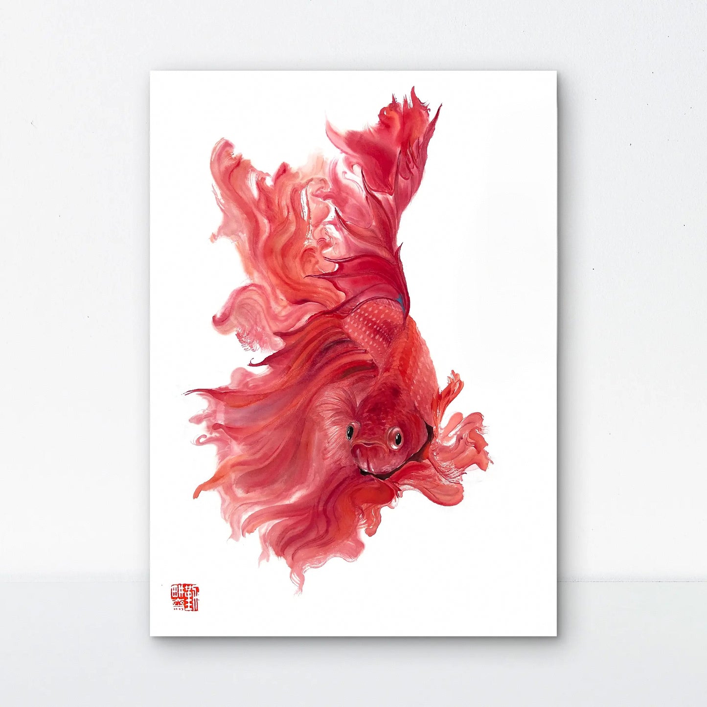 Traditional Chinese Art Print – "旗开得胜" Red Fish，Betta, Customizable Calligraphy Inscription