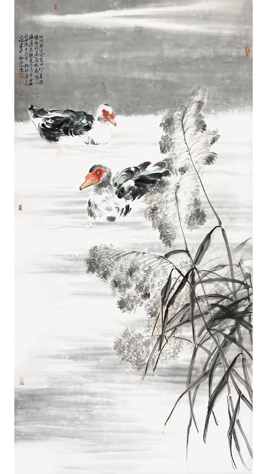 Chinese Ink Painting Wall Art Home Decor - Ducks in the Reeds-  Original Art (100x50cm）