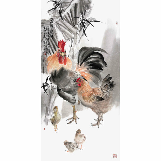 Traditional Chinese Art Giclée Print – Five Virtues of the Rooster, Homedecor, Wall Art,  Calligraphy, 100*50cm
