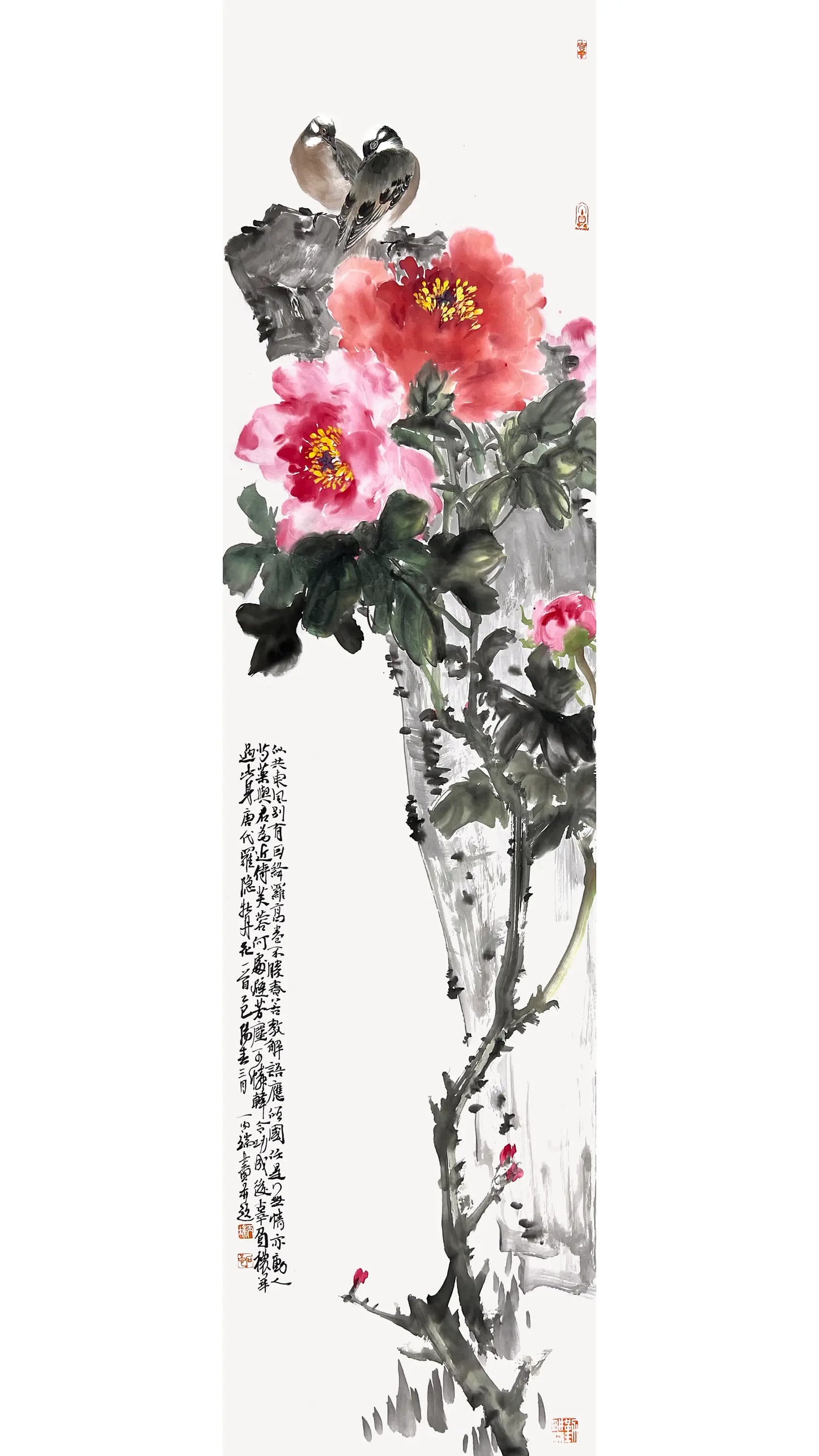 Chinese Painting Bird Painting Living  Room Paintings for Home Decor- Poeny - Original Art (100x25cm)