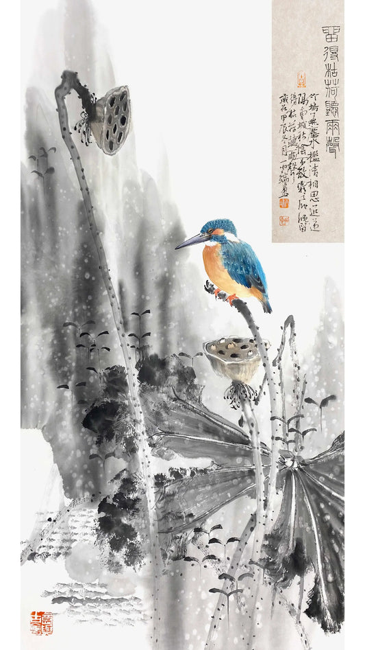 Traditional Chinese Ink Art Home Art - Kingfisher and Lotus Original Painting (69X35cm)