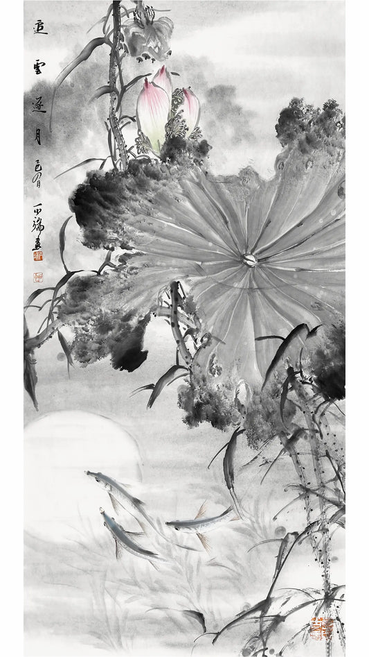 Traditional Chinese Ink Painting  Wall Art - Lotus Home Art  for Prosperity  (69x35cm)