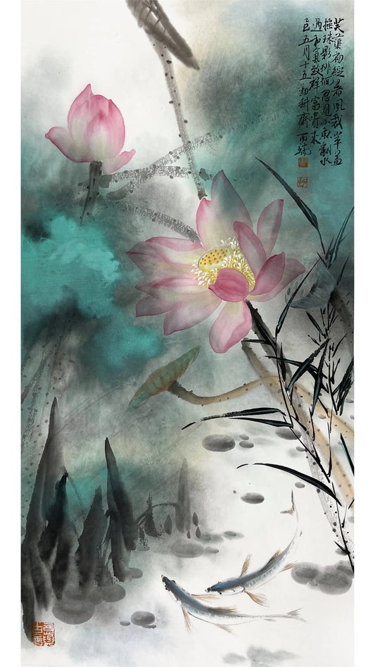 Home Art Traditional Chinese Ink Art Wall Art - Splash Color Lotus & Fish (69x35cm)