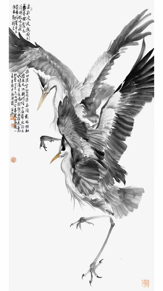 Chinese Art for Home Decor Room Decor - Sumi Heron in Flight- Home Art (100x50cm)
