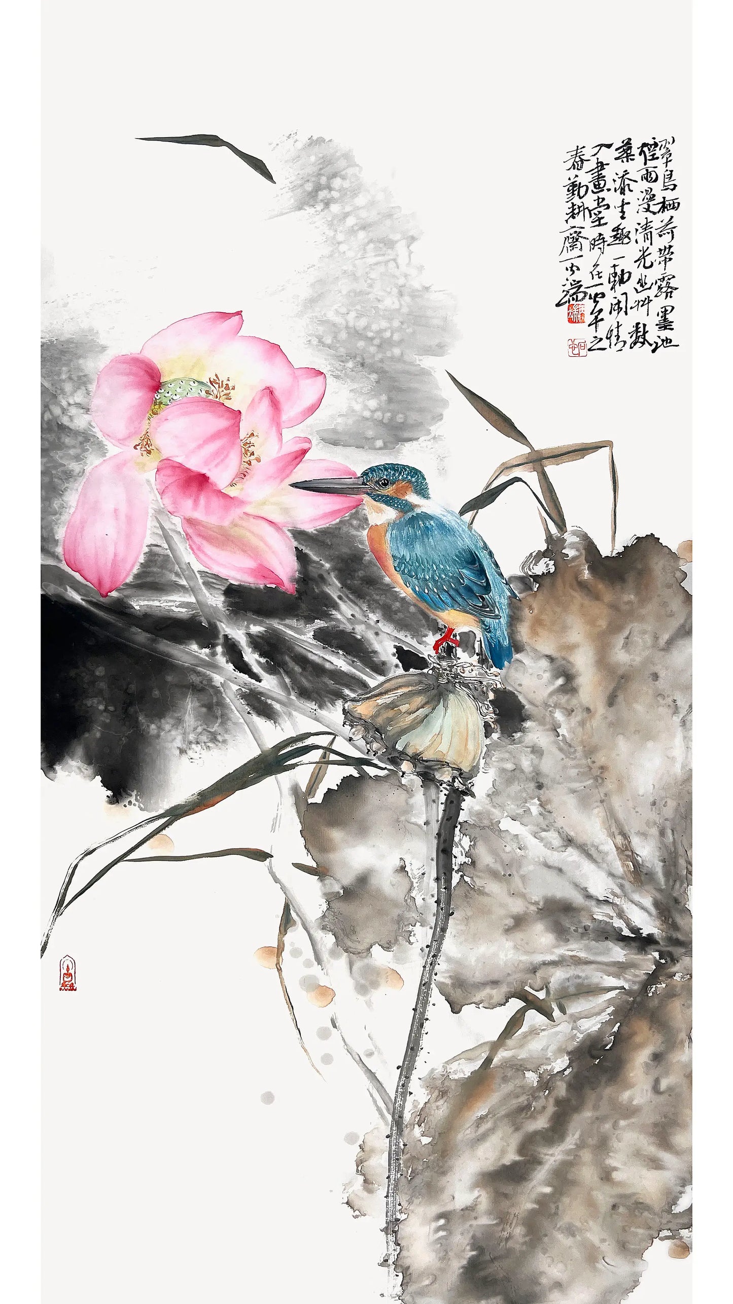 Traditional Chinese Art Giclée Print – Lotus & Kingfisher | Chinese Ink Painting | Wall Art (69×35 cm)
