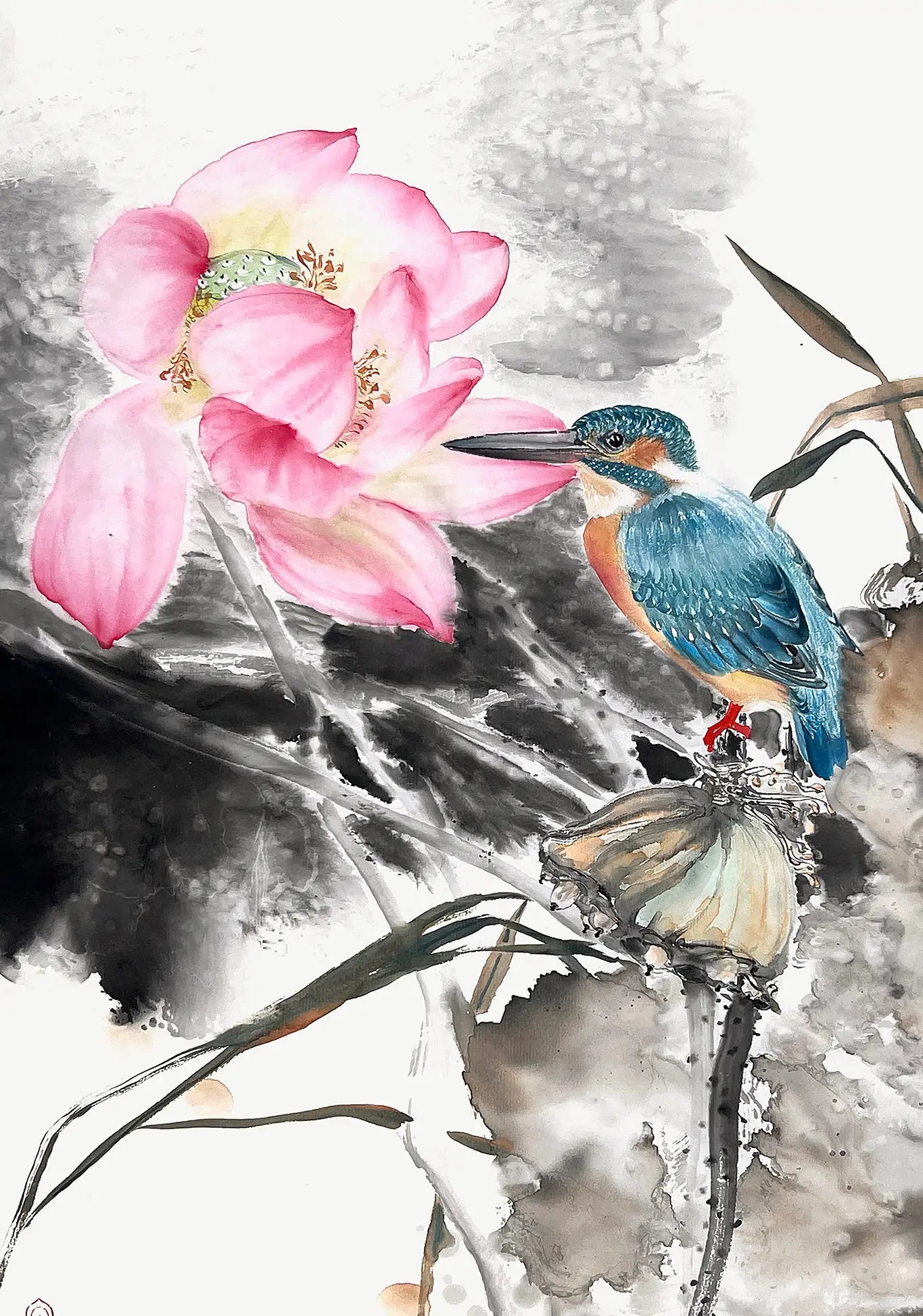 Traditional Chinese Art Giclée Print – Lotus & Kingfisher | Chinese Ink Painting | Wall Art (69×35 cm)