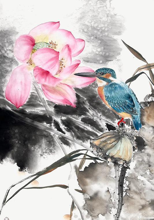 Traditional Chinese Art Giclée Print – Lotus & Kingfisher | Chinese Ink Painting | Wall Art (69×35 cm)