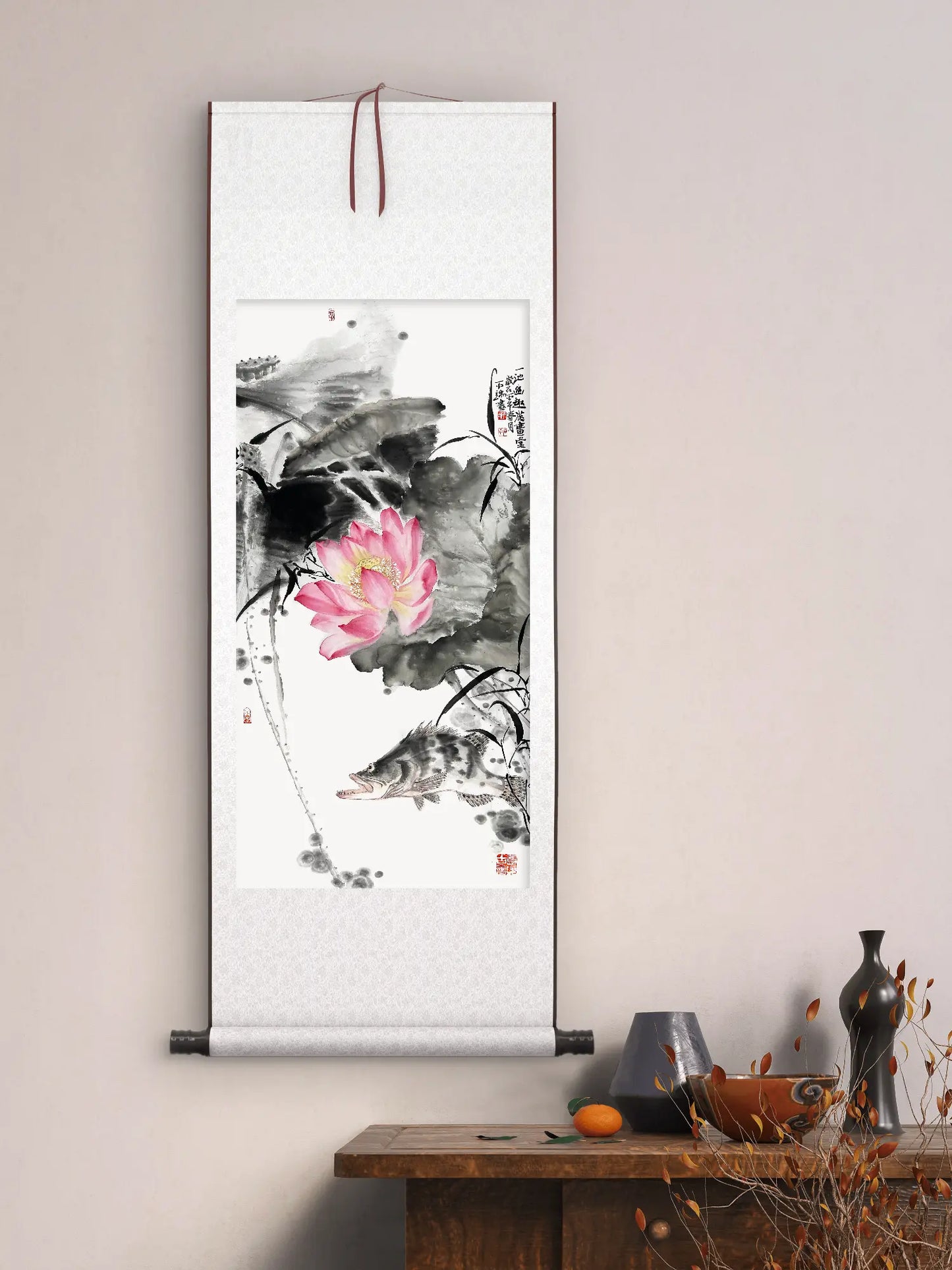 Traditional Chinese Art Print – Lotus & Mandarin Fish | Chinese Ink Painting | Wall Art | Calligraphy  (69×35cm)