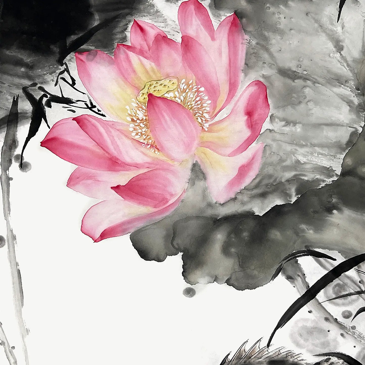Traditional Chinese Art Print – Lotus & Mandarin Fish | Chinese Ink Painting | Wall Art | Calligraphy  (69×35cm)