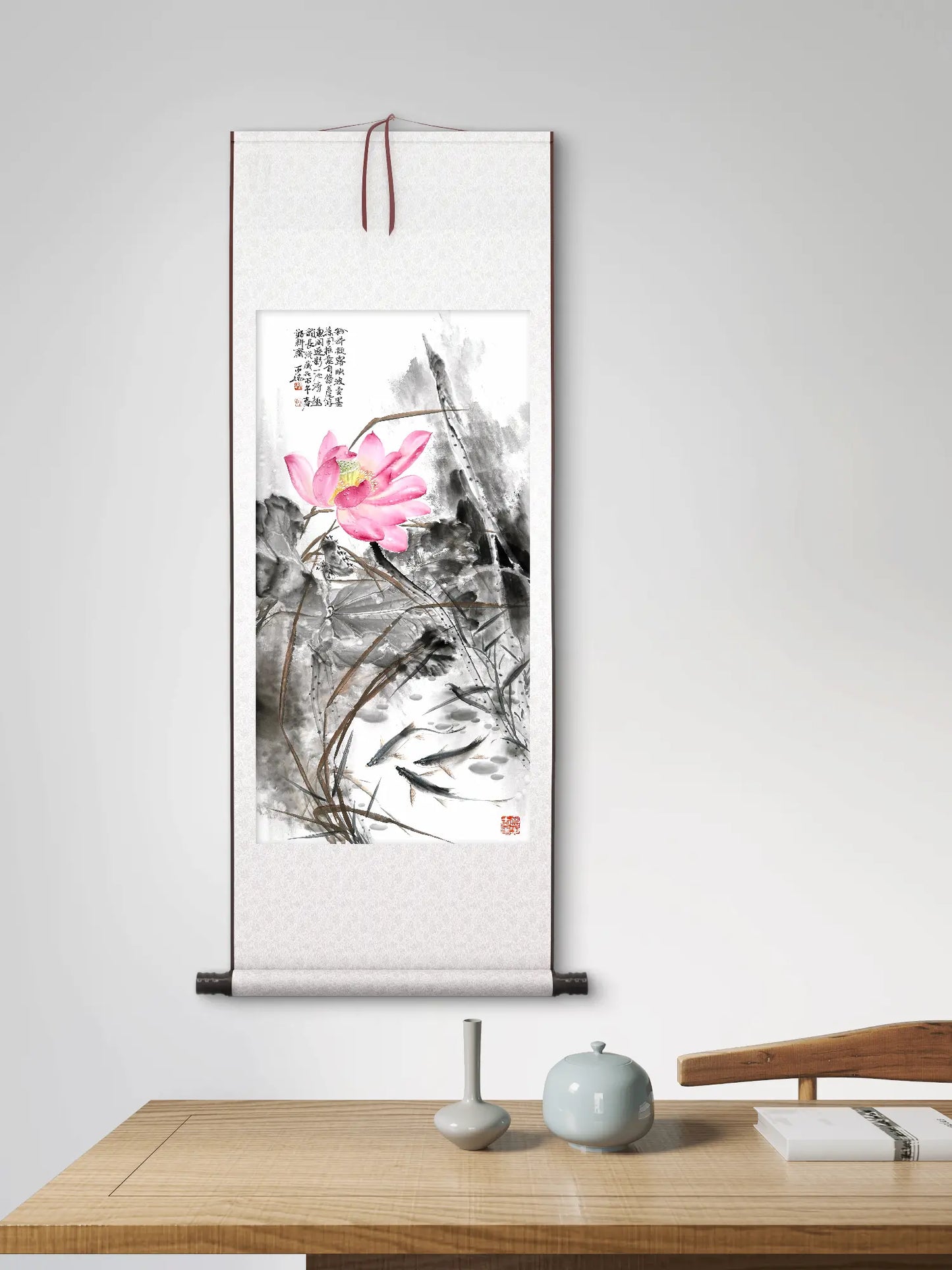 Traditional Chinese Art Print – Lotus & Fish, Chinese Ink Painting, Home Art, Wall Art (69x35cm)