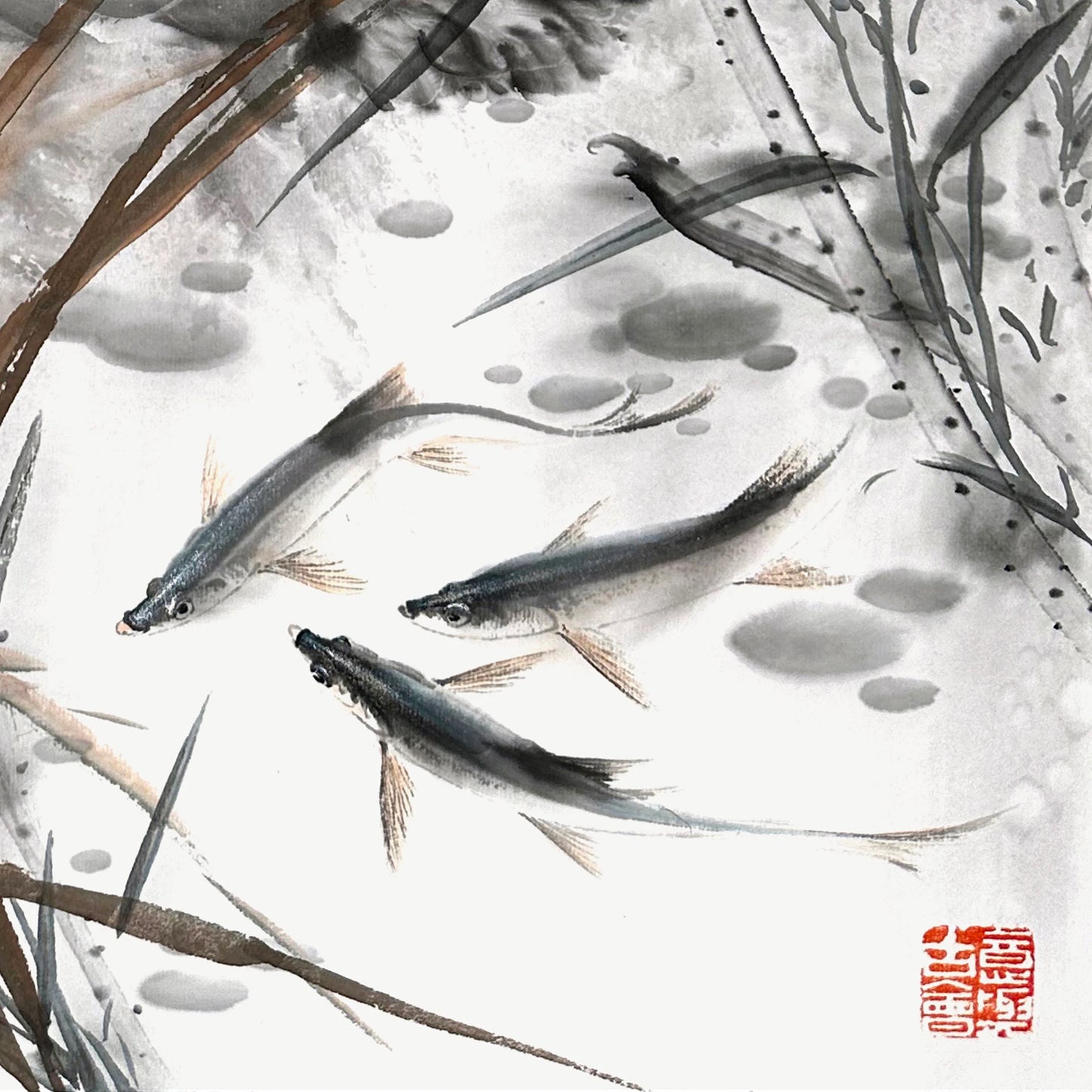 Traditional Chinese Art Print – Lotus & Fish, Chinese Ink Painting, Home Art, Wall Art (69x35cm)