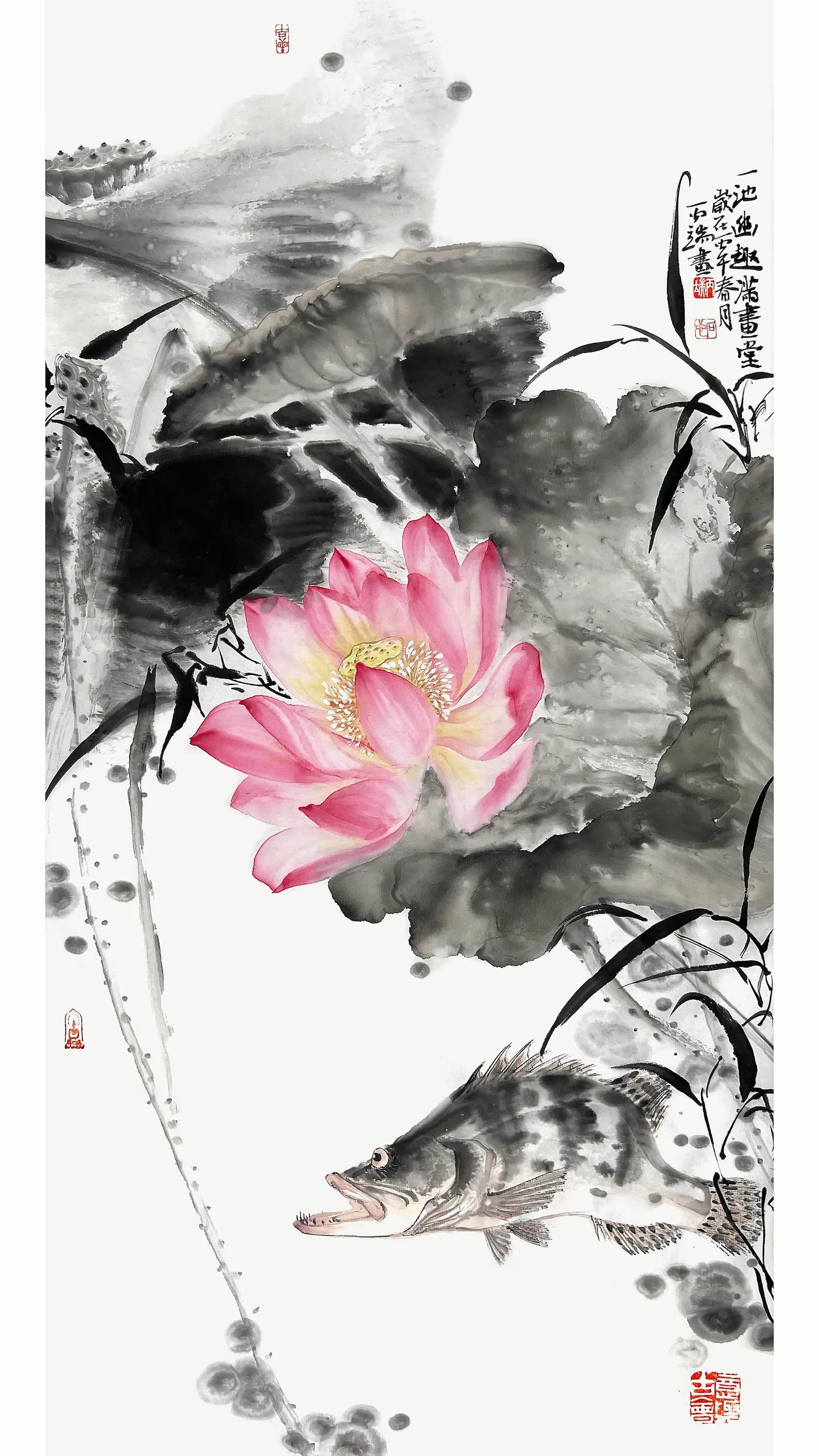 Traditional Chinese Art Print – Lotus & Mandarin Fish | Chinese Ink Painting | Wall Art | Calligraphy  (69×35cm)