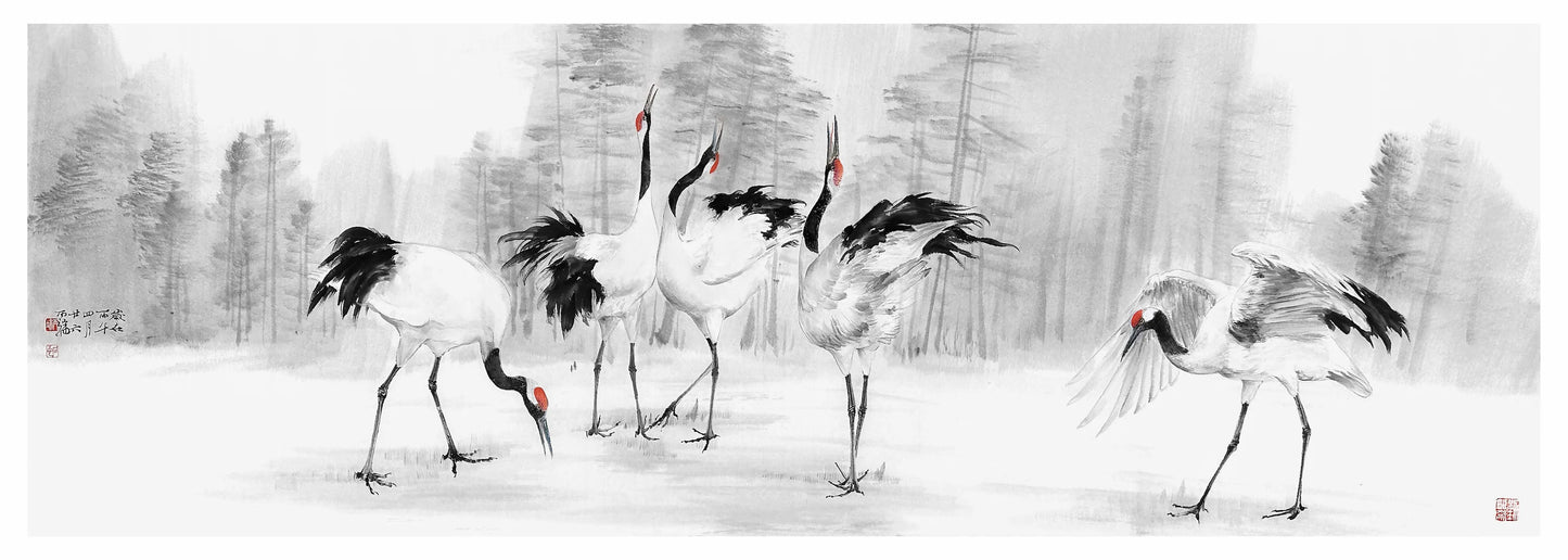 Traditional Chinese Art Giclée Print – Dancing Cranes | Chinese Ink Painting, Wall Art, Calligraphy, 120×40cm
