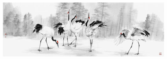 Traditional Chinese Art Giclée Print – Dancing Cranes | Chinese Ink Painting, Wall Art, Calligraphy, 120×40cm