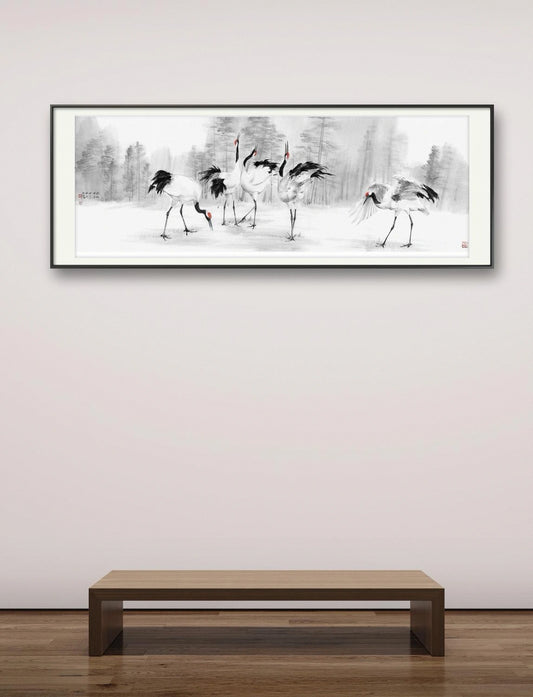 Traditional Chinese Art Giclée Print – Dancing Cranes | Chinese Ink Painting, Wall Art, Calligraphy, 120×40cm