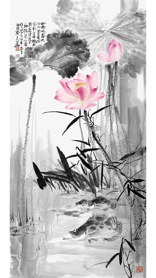 Traditional Chinese Painting Home Decor Wall Decor- Lotus and fish - Original Art Ink Painting (100x50cm)