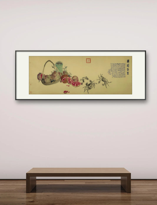 Traditional Chinese Gongbi Painting Print on Antique Silk – Pomegranate and Crabs 136×50cm